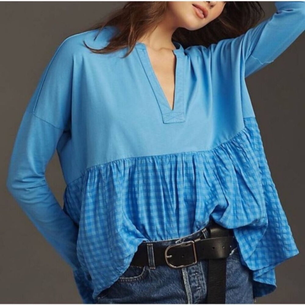 Anthropologie Pilcro Babydoll Blouse Top Sz S Blue Gingham Oversized Beachy Boho - Picture 2 of 7